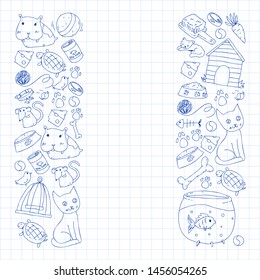 Pet shop. Vector illustration with animals, dog, cat, fish, Colorful background with kitten, bird, puppy. Veterinarian clinic.