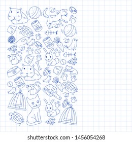 Pet shop. Vector illustration with animals, dog, cat, fish, Colorful background with kitten, bird, puppy. Veterinarian clinic.