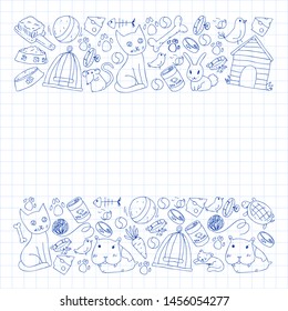Pet shop. Vector illustration with animals, dog, cat, fish, Colorful background with kitten, bird, puppy. Veterinarian clinic.