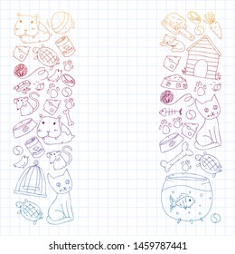 Pet shop. Vector illustration with animals, dog, cat, fish, Colorful background with kitten, bird, puppy. Veterinarian clinic.