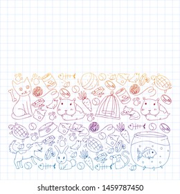 Pet shop. Vector illustration with animals, dog, cat, fish, Colorful background with kitten, bird, puppy. Veterinarian clinic.