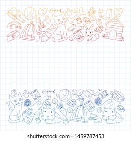 Pet shop. Vector illustration with animals, dog, cat, fish, Colorful background with kitten, bird, puppy. Veterinarian clinic.