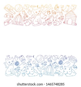 Pet shop. Vector illustration with animals, dog, cat, fish, Colorful background with kitten, bird, puppy. Veterinarian clinic.