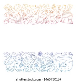 Pet shop. Vector illustration with animals, dog, cat, fish, Colorful background with kitten, bird, puppy. Veterinarian clinic.