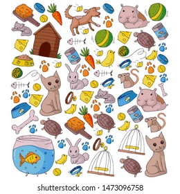 Pet shop. Vector illustration with animals, dog, cat, fish, Colorful background with kitten, bird, puppy. Veterinarian clinic.