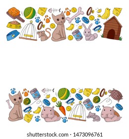 Pet shop. Vector illustration with animals, dog, cat, fish, Colorful background with kitten, bird, puppy. Veterinarian clinic.
