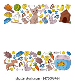 Pet shop. Vector illustration with animals, dog, cat, fish, Colorful background with kitten, bird, puppy. Veterinarian clinic.