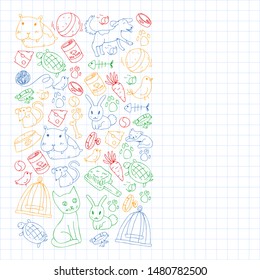 Pet shop. Vector illustration with animals, dog, cat, fish, Colorful background with kitten, bird, puppy. Veterinarian clinic.