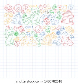 Pet shop. Vector illustration with animals, dog, cat, fish, Colorful background with kitten, bird, puppy. Veterinarian clinic.