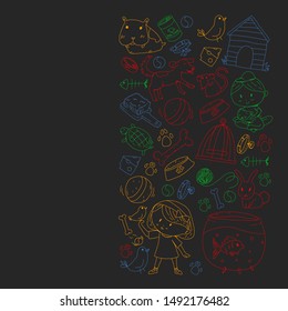 Pet shop. Vector illustration with animals, dog, cat, fish, Colorful background with kitten, bird, puppy. Veterinarian clinic.