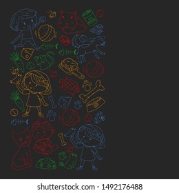 Pet shop. Vector illustration with animals, dog, cat, fish, Colorful background with kitten, bird, puppy. Veterinarian clinic.