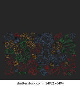 Pet shop. Vector illustration with animals, dog, cat, fish, Colorful background with kitten, bird, puppy. Veterinarian clinic.