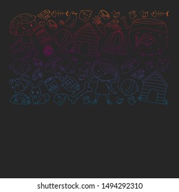 Pet shop. Vector illustration with animals, dog, cat, fish, Colorful background with kitten, bird, puppy. Veterinarian clinic.