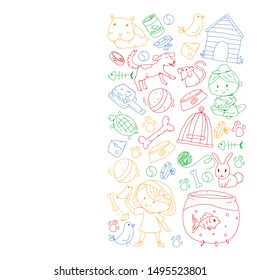 Pet shop. Vector illustration with animals, dog, cat, fish, Colorful background with kitten, bird, puppy. Veterinarian clinic.