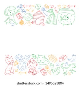 Pet shop. Vector illustration with animals, dog, cat, fish, Colorful background with kitten, bird, puppy. Veterinarian clinic.