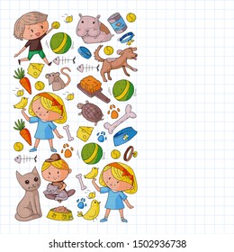 Pet shop. Vector illustration with animals, dog, cat, fish, Colorful background with kitten, bird, puppy. Veterinarian clinic.