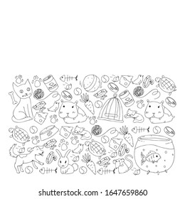 Haustier-Geschäft. Vektorillustration mit Tieren, Hund, Katze, Fisch, bunter Hintergrund mit Kätzchen, Vogel, Welpen. Veterinärklinik.