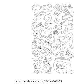 Pet shop. Vector illustration with animals, dog, cat, fish, Colorful background with kitten, bird, puppy. Veterinarian clinic.