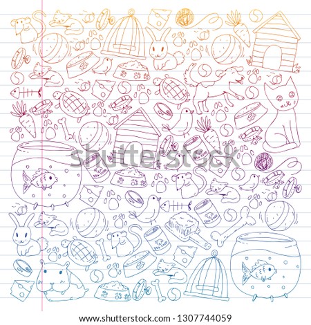 Pet shop. Vector illustration with animals, dog, cat, fish, Colorful background with kitten, bird, puppy. Veterinarian clinic.