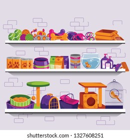 Pet Shop Vector Illustration. Market Shelves With Food, Supplies, Accessories And Toys For Dogs And Cats. Banner, Flyer Or Poster Flat Background.