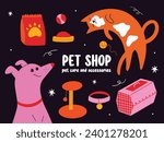 Pet shop vector illustration set, Collection of cats and dogs supplies, toys, accessories, equipment, products, food, bowl, transportation bag in cute flat cartoon funy style 