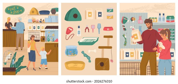 Pet shop vector illustration set. People with dog buying canine food in petshop. Animal store interior with aquarium and parrot in cage. Pet shop accessory and products