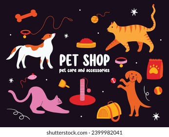 Pet shop vector illustration set, Pet care bundle, Collection of cats and dogs supplies, toys, balls, accessories, equipment, products, food, bowl, transportation bag in cute flat cartoon funny style 