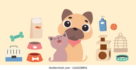Pet shop vector ilustration. Cat and dog.  Shop for Home Animals . 