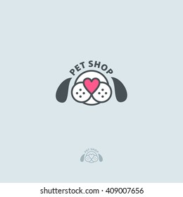 Pet shop vector logo. Dog head and nose in the shape of a heart.