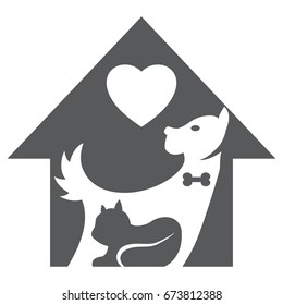 Pet shop vector logo, icon. Silhouette of a dog and a cat in an animal house with a heart isolated on a white background.