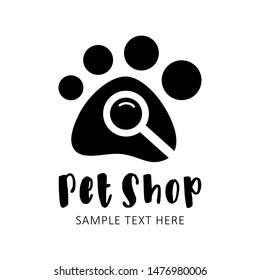 Pet shop vector logo illustration icon. Animal paw footprint with magnifying glass inside and sample text. E-shop, online shop black symbol. Isolated.