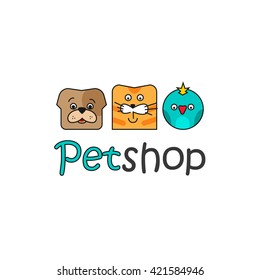 Pet shop vector logo template, flat outline color pets dog, cat, bird logotype design, pets faces isolated on white background, cartoon logotype illustration