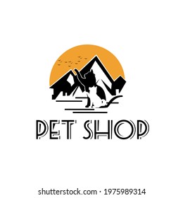 Pet Shop Vector professional logo with cat, dog, bird and mountain siluet,  suitable for any business or personal identity related to animal lovers, pet shops, veterinary clinics, etc