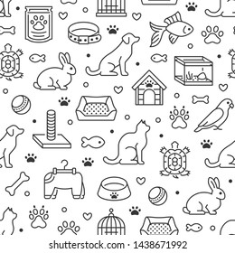 Pet shop vector seamless pattern with flat line icons of dog house, cat food, bird cage, rabbit, fish aquarium, animal paw. Black white color background, wallpaper for veterinary clinic.