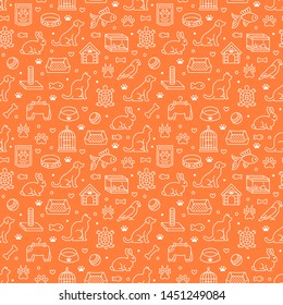 Pet shop vector seamless pattern with flat line icons of dog house, cat food, bird cage, rabbit, fish aquarium, animal paw. Orange white color background, wallpaper for veterinary clinic.