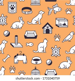 Pet shop vector seamless pattern with flat line icons of dog house, cat food, bird cage, rabbit, fish aquarium, animal paw. Black white orange color background, wallpaper for veterinary clinic.