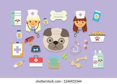 Pet shop and vet collection. Vector illustration in cartoon style. Flat design.