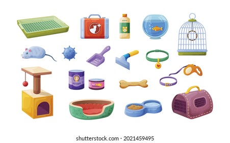 Tiergeschäft Tierärztegeschäft Set. Haustierzubehör, Nahrung, Spielzeug, Hilfsmittel, Schale, Shampoo, Leine, Knochen, Tragen, Kratzpfosten, Haus, Kragen, Haarbürste. Accessoires für Katzenhai, Hunde und Fischkarikaturen, Vektorgrafik