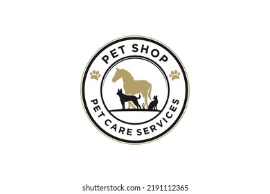 Pet shop veterinarian logo vintage badge rounded shape horse dog and cat silhouette illustration