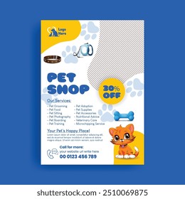 Pet shop and veterinary clinic a4 vertical print flyer or poster template, print ready pet shop leaflet and brochure cover design with dog and cat illustration background