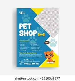 Pet shop and veterinary clinic a4 vertical print flyer or poster template, print ready pet shop leaflet and brochure cover design with dog and cat illustration background