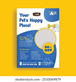 Pet shop and veterinary clinic a4 vertical print flyer or poster template, print ready pet shop leaflet and brochure cover design with dog and cat illustration background