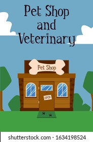 Pet shop and veterinary clinic building facade on summer park background - flat poster with brown house exterior with open sign on door. Vector illustration.