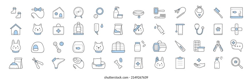 Tienda de mascotas e íconos de doodle de la clínica veterinaria con gato, perro, conejo, juguetes y herramientas de preparación. Juego de jeringuillas, vendaje, acuario con pescado, comida en tazón, portadora y jaula de pájaro dibujados a mano