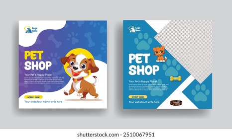 Loja de animais de estimação, clínica veterinária, pet grooming, pet clinic post de mídia social, banner, anúncios e modelo de publicidade com design de fundo ilustração de cão e gato