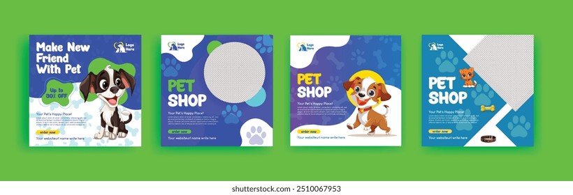 Pet shop, veterinary clinic, pet grooming, pet clinic social media post, banner, ads and advertising template with dog and cat illustration background design