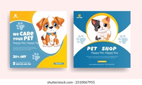 Pet shop, veterinary clinic, pet grooming, pet clinic social media post, banner, ads and advertising template with dog and cat illustration background design