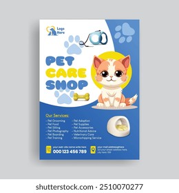 Pet shop, veterinary clinic, pet grooming, pet clinic a4 size vertical print flyer or poster template, banner, ads and advertising template with dog and cat illustration background design