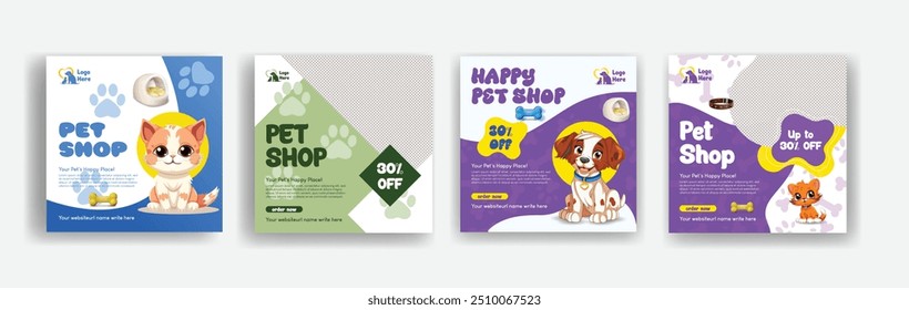 Pet shop and veterinary clinic social media post banner template, promotional ad or square flyer or poster template with dog and cat illustration background design