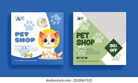 Pet shop and veterinary clinic social media post banner template, promotional ad or square flyer or poster template with dog and cat illustration background design